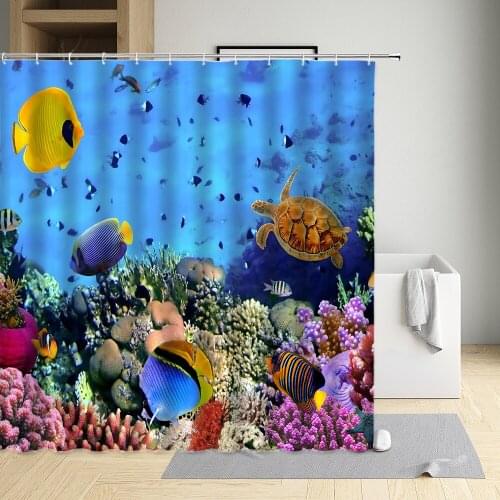 Marine Animal Shower Curtain Underwater World turtles Tropical Colorful Fish Green Plants Bathroom Home Decor Sets With hooks
