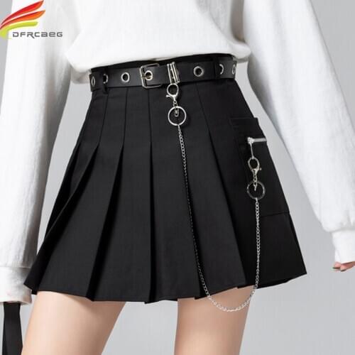 New 2020 Autumn Women Mini Skirt With Pockets High Waist Black Or Gray Color Pleated Skirt Free Belt Streetwear A Line Skirts