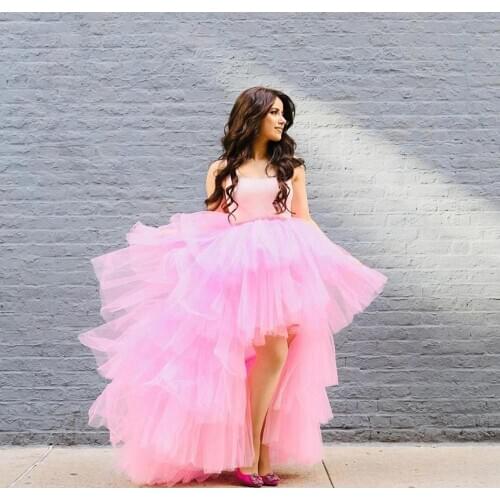 Chic Sweet Pink Tulle Skirts Bridal Wedding Skirts Girls Hi Low Length Beach Birthday Party Tulle Maxi Skirts Women Plus Size