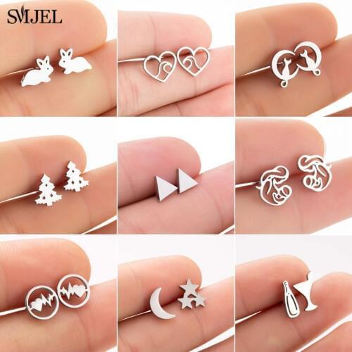 SMJEL Fashion Small Triangle Stud Earrings for Women Girls Christmas Jewelry 2019 Cat Rabbit Deer Animal Earring Love Heart Stud
