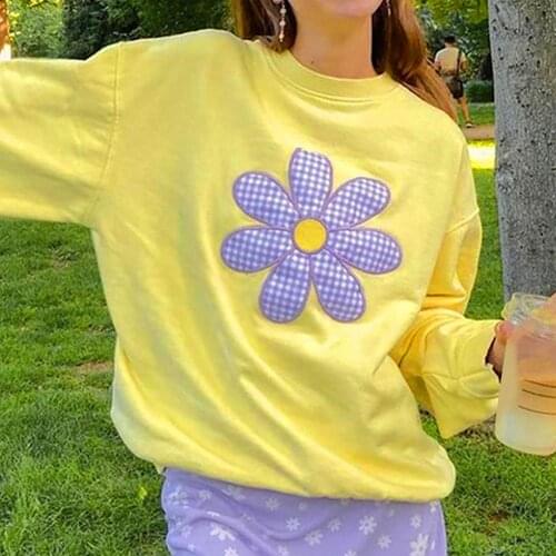 Y2K Aesthetic Floral Patchwork Sweatshirts Yellow Streetwear Casual Cotton Loose Pullovers Autumn Harajuku Cute Outfits