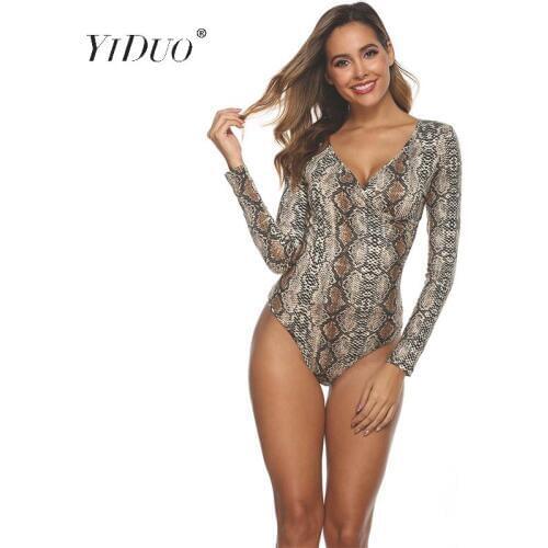 YiDuo Women Sexy Bodycon Long Sleeve Bodysuit Autumn Leopard Snake Skin Cross V-Neck One Piece Bodysuits Slim Female Jumpsuits