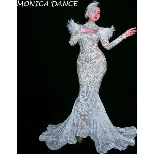 Women Sexy Stage Shining Silver Rhinestone Dress Women Evening Costume Prom Celebrate Big Tail Dresses Women Party Wear Dress