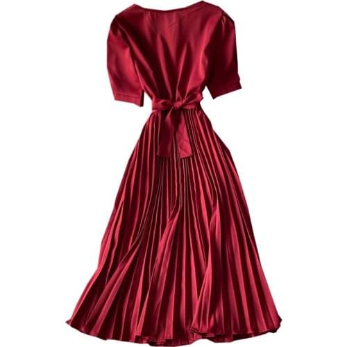 High Quality Solid Pleated Dress Women V neck Short Sleeves Sashes Long Dresses Summer Streetwear Vintage Vestidos