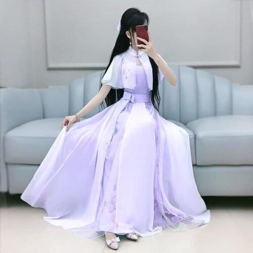 2021 summer new womens blue white snow spinning Cape National Style Embroidered purple dress two piece suit