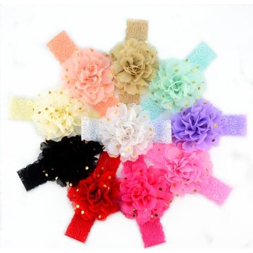 23 PCS/lot , 10 CM Gold Polka Dot Chiffon Fabric Flower on Wide Lace Headband