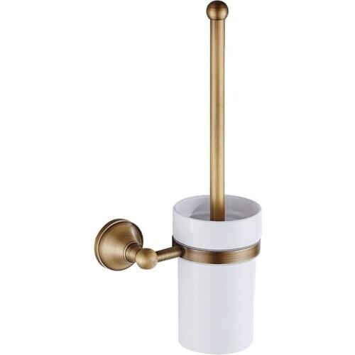 Antique Brass Bathroom Toilet Brush Set Holder Brush with Ceramic Cup