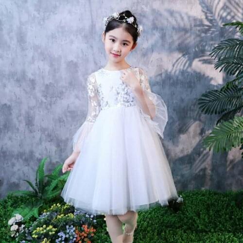 White Flower Teenage Baby Girl Princess Embroidery Lace Tutu Dress Flare Sleeve Gown Kid Wedding Party Vestidos for Baby Clothes