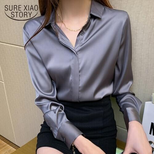 Spring New Long Sleeve Top Blouse Turn-down Collar Office Satin Shirt Blouses Women Casual Chiffon Blouse Loose Solid Tops 12803