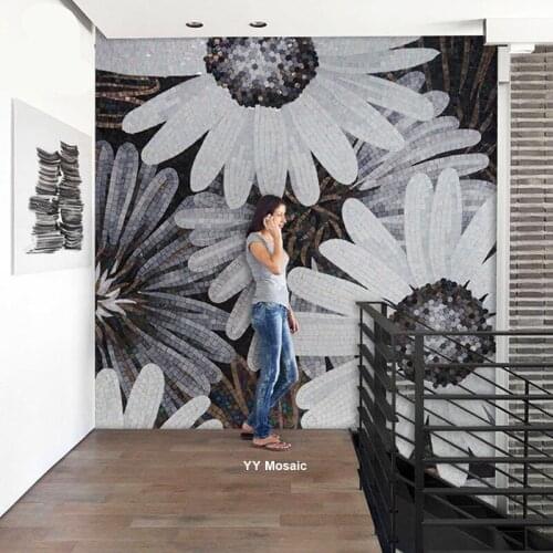 Handicraft Customize Black White Flower Art Mosaic Murals Wall Tile for Hotel Bathroom Showroom Hall Wall and Floor Decoration