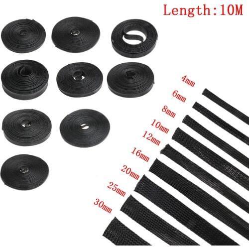 10M Black Insulated Braid Sleeving 4/6/8/10/12/16/20/25/30mm Tight PET Wire Cable Protection Expandable Cable Sleeve Wire Gland