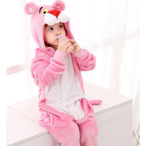 Flannel Children pajamas Kigurumi Kids Pink Panther pajama lovely animal Robe Bathrobe winter cosplay Girl Halloween Costumes