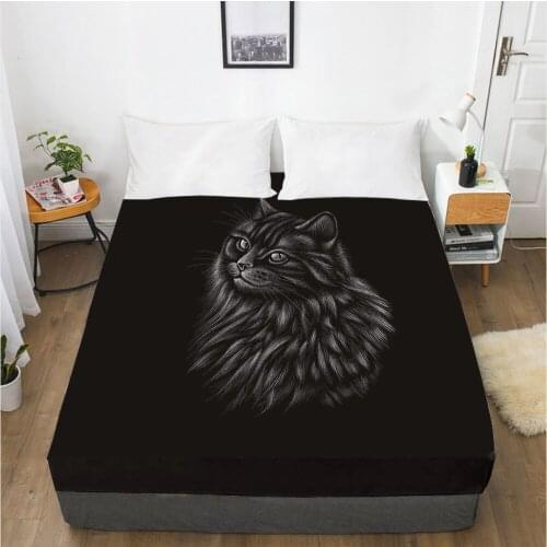 Mattress Cover Fitted Sheet With Elastic Band Bed Sheets Bedding Linens Queen King Size Bedsheet 90/150/160X200CM Black Cat