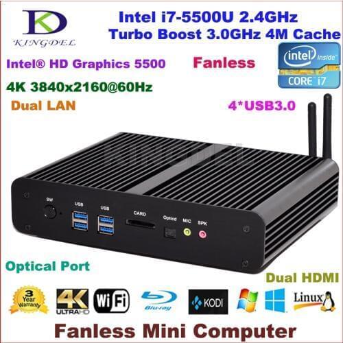Kingdel Fanless Mini PC HTPC Intel 5th Gen. Core i7 5500U with 16GB RAM+SSD+HDD UltraHD 4K 2*Gigabit LAN+2*HDMI+SPDIF Wifi,Win10