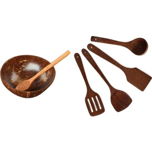 HOT-Wooden Spoons for Cooking Kitchen Utensil Set & Natural Coconut Bowl Tablespoon Single Set