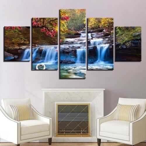 Wall Art Canvas Painting Home Decor 5 Pieces Forest Lake Waterfall Scenery Pictures Tree Flower Swan Poster Home Decor(No Frame)