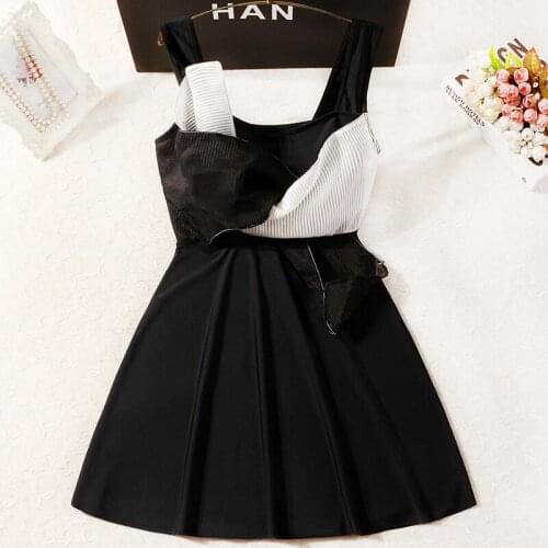 2021 New Women Black Bow One Piece Swimwear Patchwork Swim Beach Dress Sexy Swimming Beachwear Swimsuit High Waist Bathing Suit