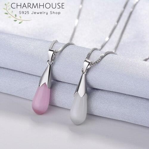 Necklace Silver 925 Opal Water Drop Pendant & Necklace Chain 18 inch Choker Collier Femme Wedding Jewelry Rhinestone Accesories