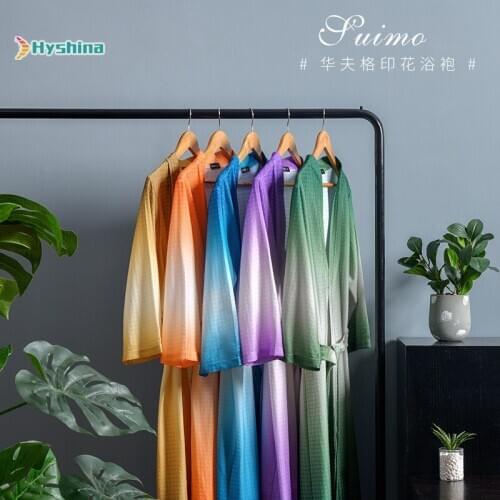 Gradual Color Waffle Couple Bathrobe Spring Summer Autumn Soft Water Absorbent and Breathable Nightgown