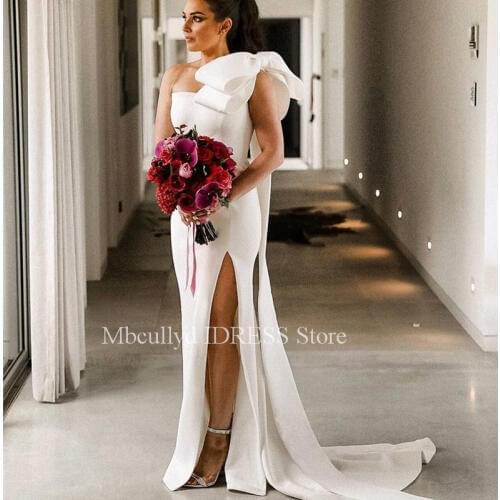 Sexy One Shoulder Mermaid Wedding Dresses 2019 With Bow Side Split White Bridal Gowns Bohemia Boho Bride Dress robe de mariee