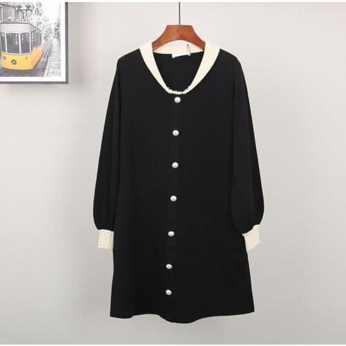 S family pearl small Lapel Lantern Sleeve long skirt womens wear versatile slim waist knitted dress fashion