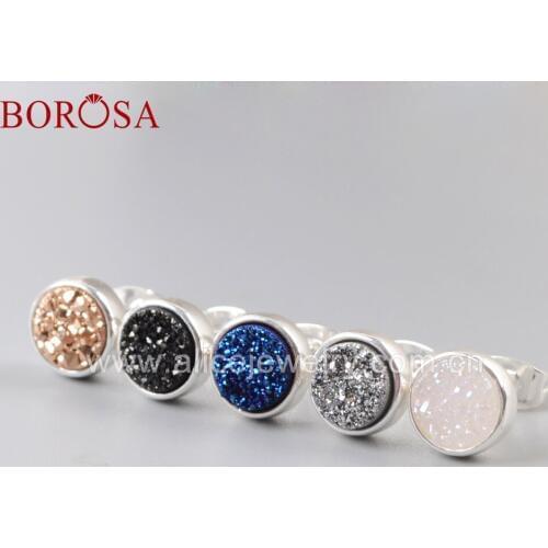 BOROSA 5Pairs New 9mm Round Shape Silver Color Titanium Rainbow Druzy Stud Earrings Mixed Colors Drusy Earring Jewelry ZS0198