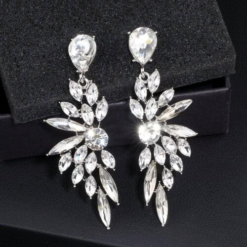 2020 Elegant Feather Shape Crystal Drop Earrings for Women Classic Bridal Wedding Long Dangle Earring Fashion Jewelry Gift WX060