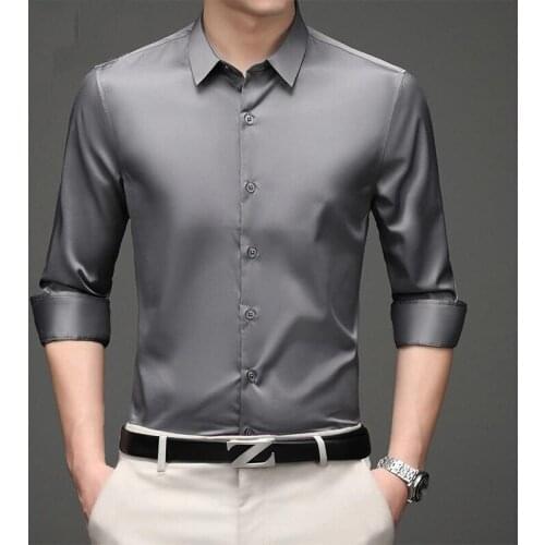 Gray Shirts Men 2021 New Casual Long Sleeve Satin Mens Shirt Slim Business Work Camisas Non Iron Solid Chemise Homme 26+Colors