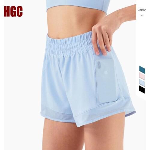 HGC Leisure Sports Short Summer Yoga Shorts Pocket Elastic High Waist Elastic Loose Running Joggers Mesh Gym Workout Bottoms