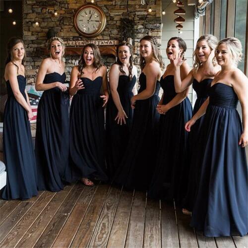 Navy Blue Pleat Chiffon Wedding Party Dress Strapless A Line Sleeveless Long Dresses For Bridesmaid 2019 Cheap Women Gowns
