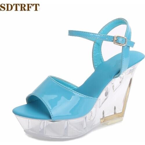 SDTRFT Peep Toe shoes woman Transparent platform Wedges Stilettos zapatos mujer 10cm High-Heeled sandals Wedding Buckle Pumps