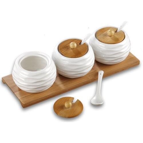 Creative ceramic seasoning pot three-piece kitchen wave pattern seasoning box set