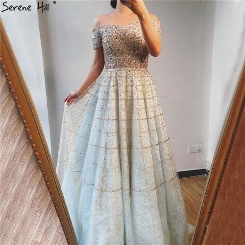 Silver Off Shoulder Short Sleeve Evening Dresses 2020 Dubai A-Line Beading Diamond Evening Gowns Serene Hill DLA70263