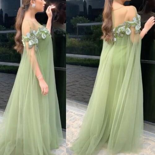 Green prom dresses 2021 sheer crew neckline beading sequins beading a line long evening dresses gowns