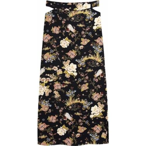 Women Flower Printing Waist Hollow Design Side Slit Skirt Casual Female Loose Streetwear P1900