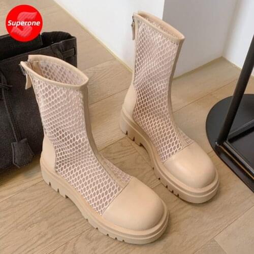 Superone High Quality Women Real Leather Summer Boots Round Toe Zipper Square Heel Pumps Fashion Ladies Footwear Size 34-43