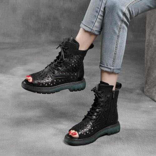 Spring Summer 2021 New First Layer Cowhide Woman Hollow Boots Lace-Up Casual Leather Fish Mouth Short Boots Single Boots Women