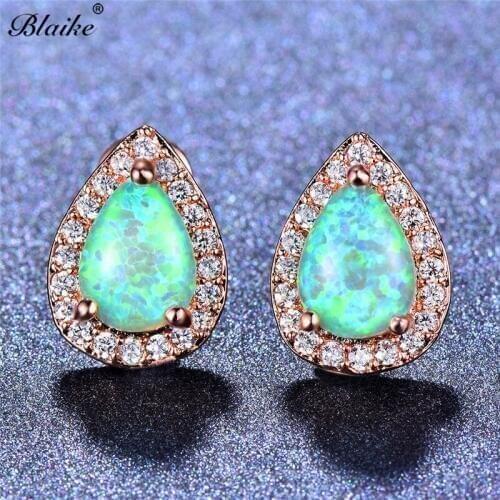 Blaike Boutique Water Drop Green/White Fire Opal Stud Earrings For Women Rose Gold Filled Birthstone Jewelry Christmas Gifts