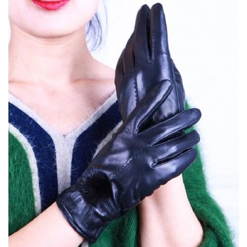 2021 Female Winter Thick Warm Leather Gloves Plus Velvet Sheepskin Outdoor Rabbit Hair Ball Work Gloves Outdoor Bike