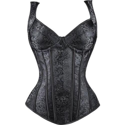 Womens Black Retro Steampunk Corset Vest Sexy Gothic Overbust Corset Top Lace Up zipper Side Corsets Brocade Bustiers