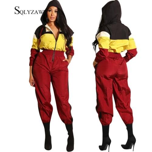 Sexy Patchwork Rompers Womens Jumpsuit 2019 Hooded Long Sleeve Zipper Pocket Loose Overalls Streetwear One Piece Jumpsuit Femme