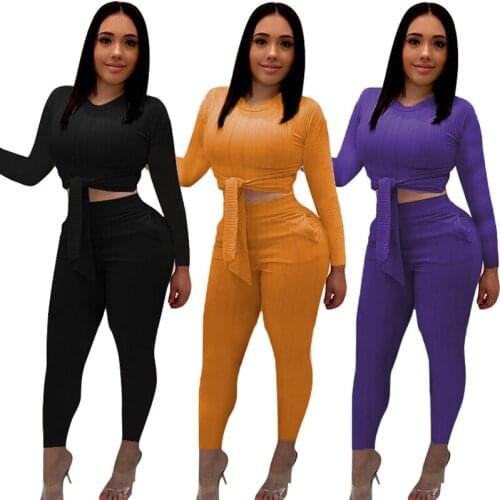 Womens Set Long Sleeve Elastic Knitted Casual 2 Piece Set Crop Tops + Skinny Pants Plus Size Two Piece Outfit Female Tracksuit