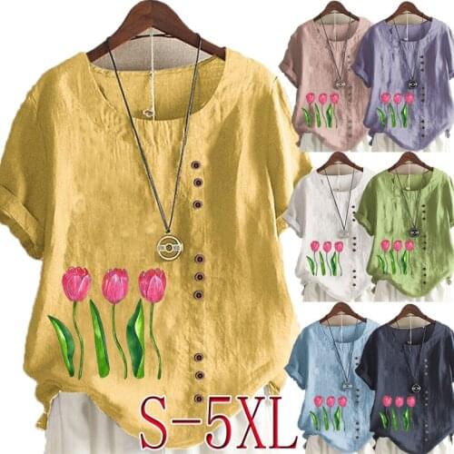 Womens Summer New Fashion O-neck Flower Print Short-sleeved Top Loose Linen T-shirt Casual Top S-5XL