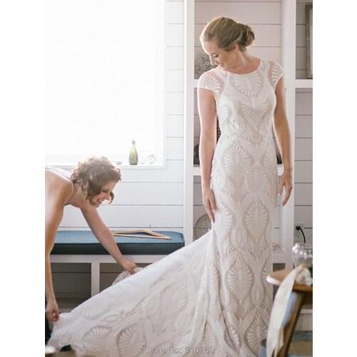 Boho Wedding Gown Lace Sheath Sheer Sweetheart Cap Sleeves Scoop Back Covered Buttons Bridal Gowns Wedding Dress Custom Made
