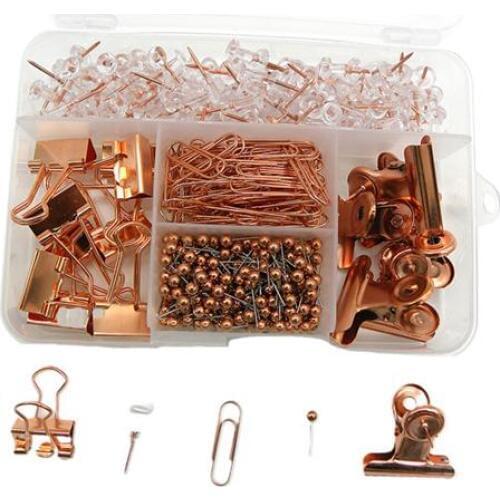 500PCS Rose Gold Push Pins Binder Clips Ordinary Paper Clips Stationery Combination Set for Office School Home