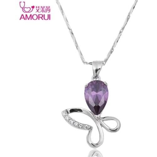 AMORUI Fashion Purple AAA Cubic Zircon Butterfly Pendant Women Necklace Silver Color Chain Necklaces & Pendants for Women Gift
