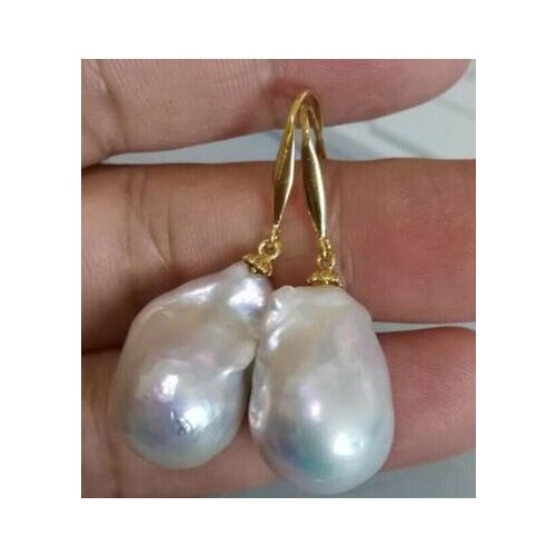 >>>>noble jewelry AAA 19x13mm South Sea White Baroque Pearl Earrings 14K YELLOW GOLD