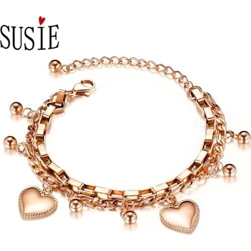 LOVE SUSIE Bracelet Stainless Steel Classic Style Titanium Bangles With Hearty Beads Jewelery Bracelets Women Accessories Gifts