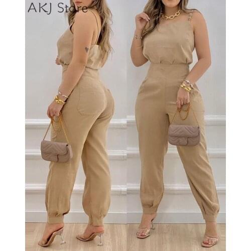 Two Piece Set Women Ruffle Trim Zipper Back Spaghetti Strap Top & Pocket Design Pants Sets