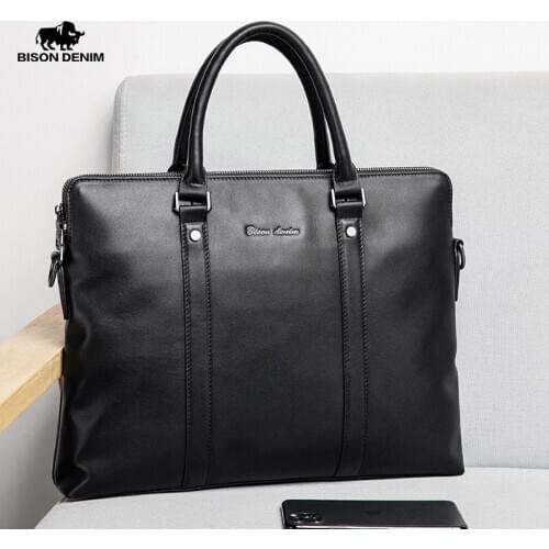 BISON DENIM Genuine Leather Men Handbags Casual Laptop Bag Male Business Messenger Bags Mens Crossbody Shoulder Bag N20082-3B